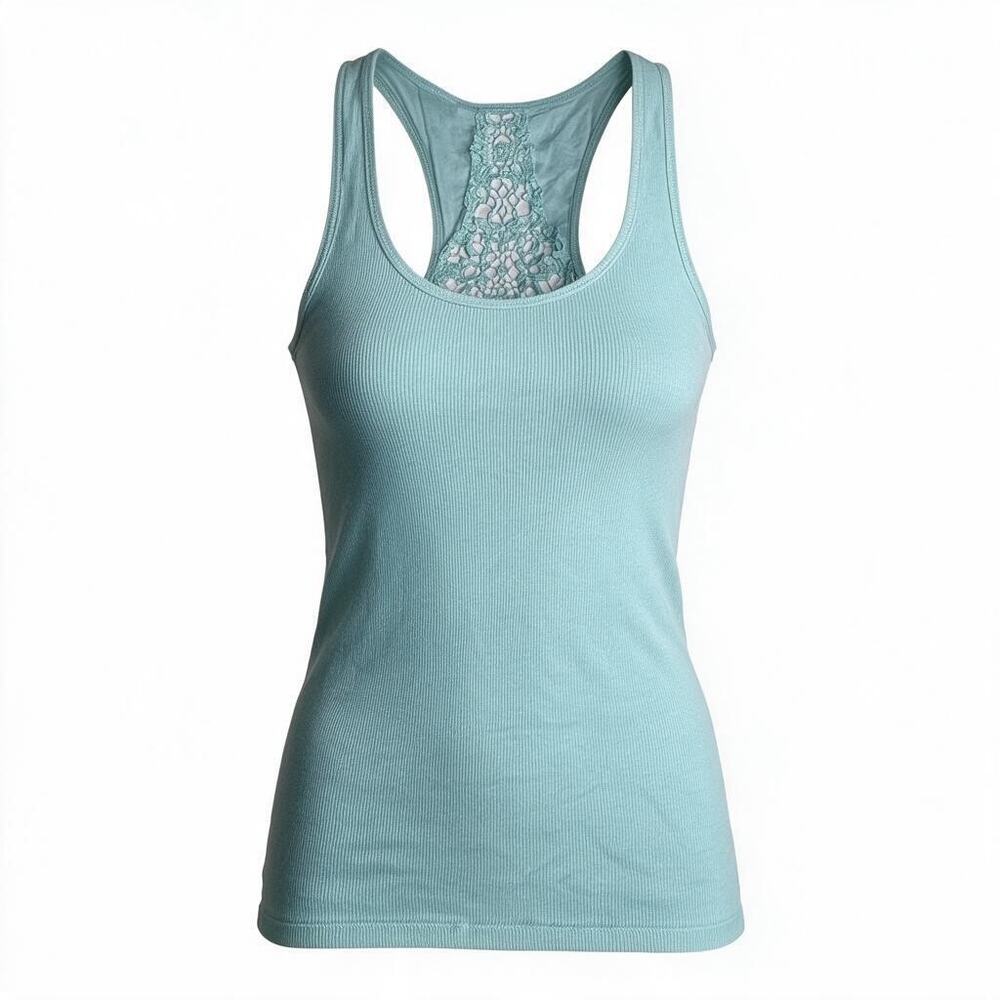 American Eagle Rib Knit Tank Top Womens XS Floral Lace Racer Back Teal Outfitter